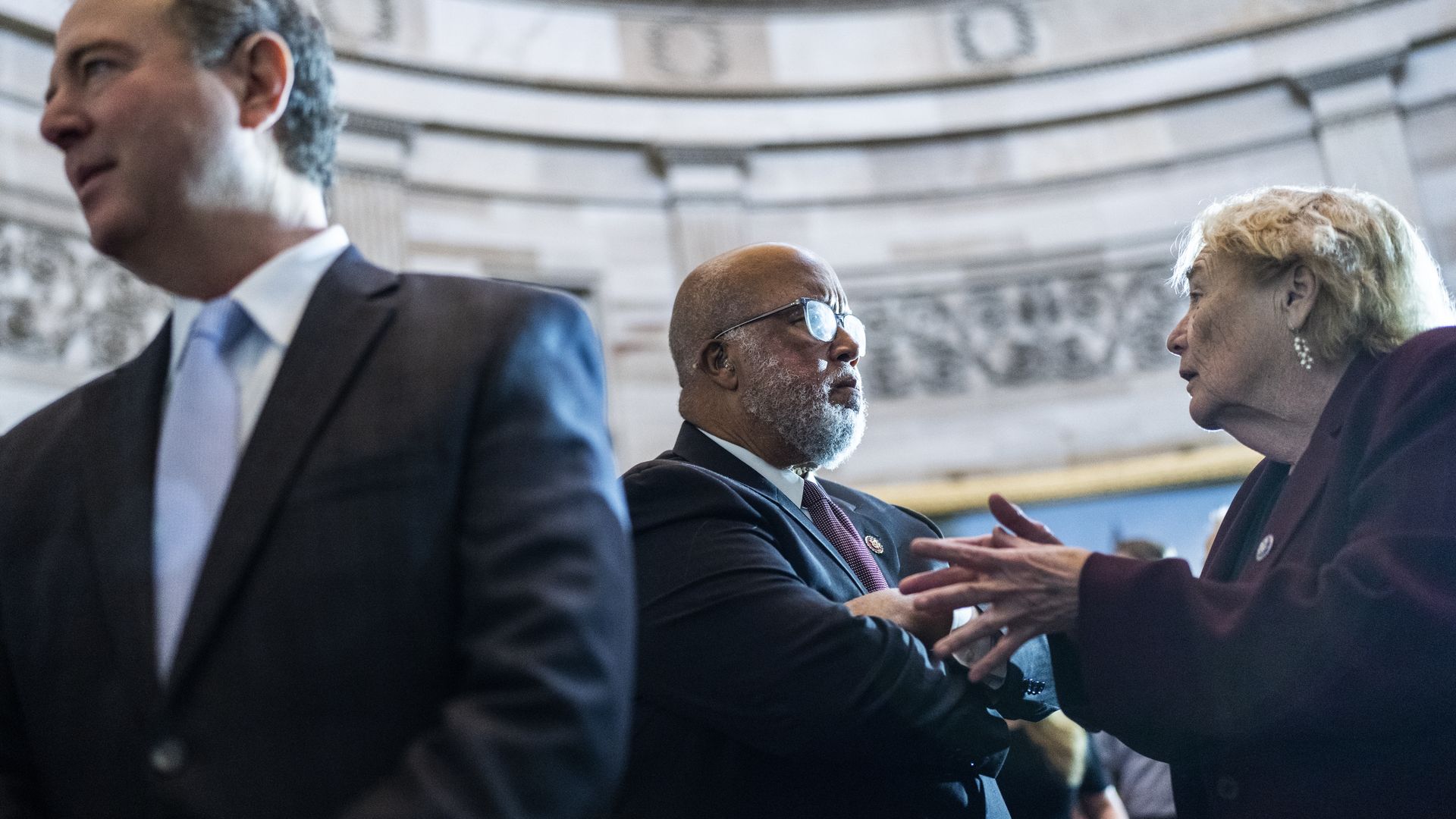 Jan. 6 Committee members Bennie Thompson and Zoe Lofgren speak at the Capitol rotunda during an event honoring law enforcement who responded to Jan. 6.