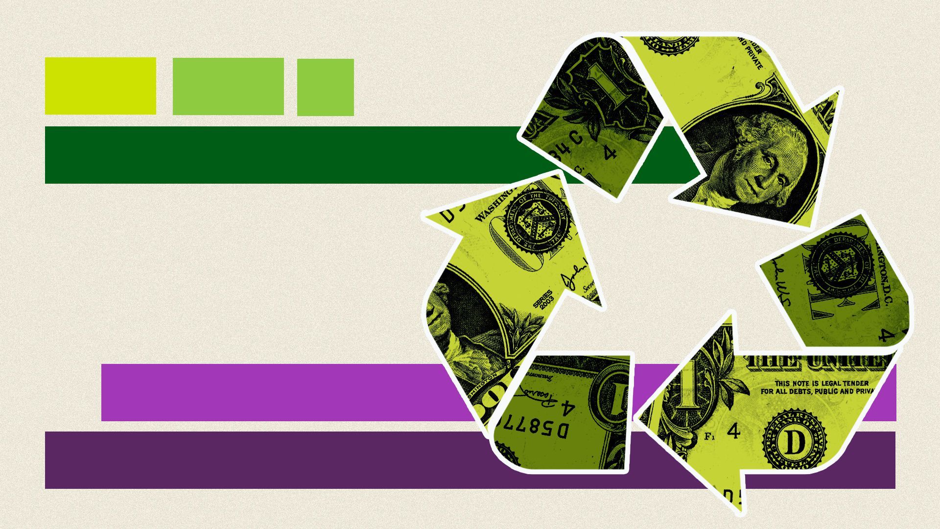 Illustration of a recycling symbol made of dollar bills.