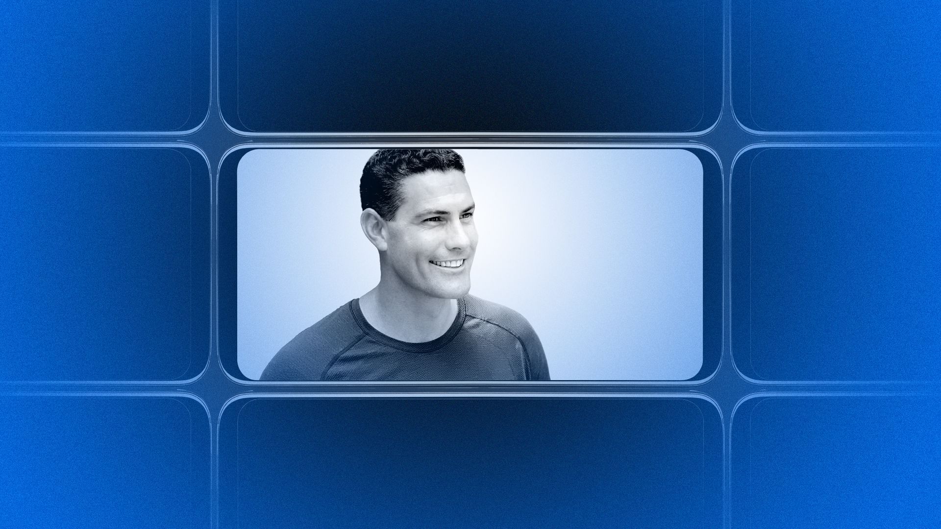 Photo illustration of a grid of smartphone screens, the center one showing an image of Steve Presser.