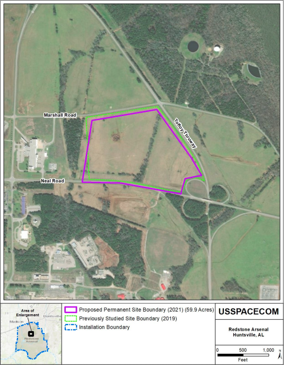 an overhead photo shows a pasture area outlined in purple and green lines denoting a 59.9-acre site on Redstone Arsenal studied for the location of Space Command headquarters. 