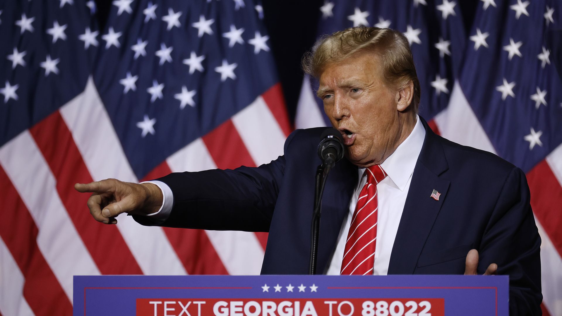 Republican presidential candidate and former U.S. President Donald Trump addresses a campaign rally at the Forum River Center March 09, 2024 in Rome, Georgia.