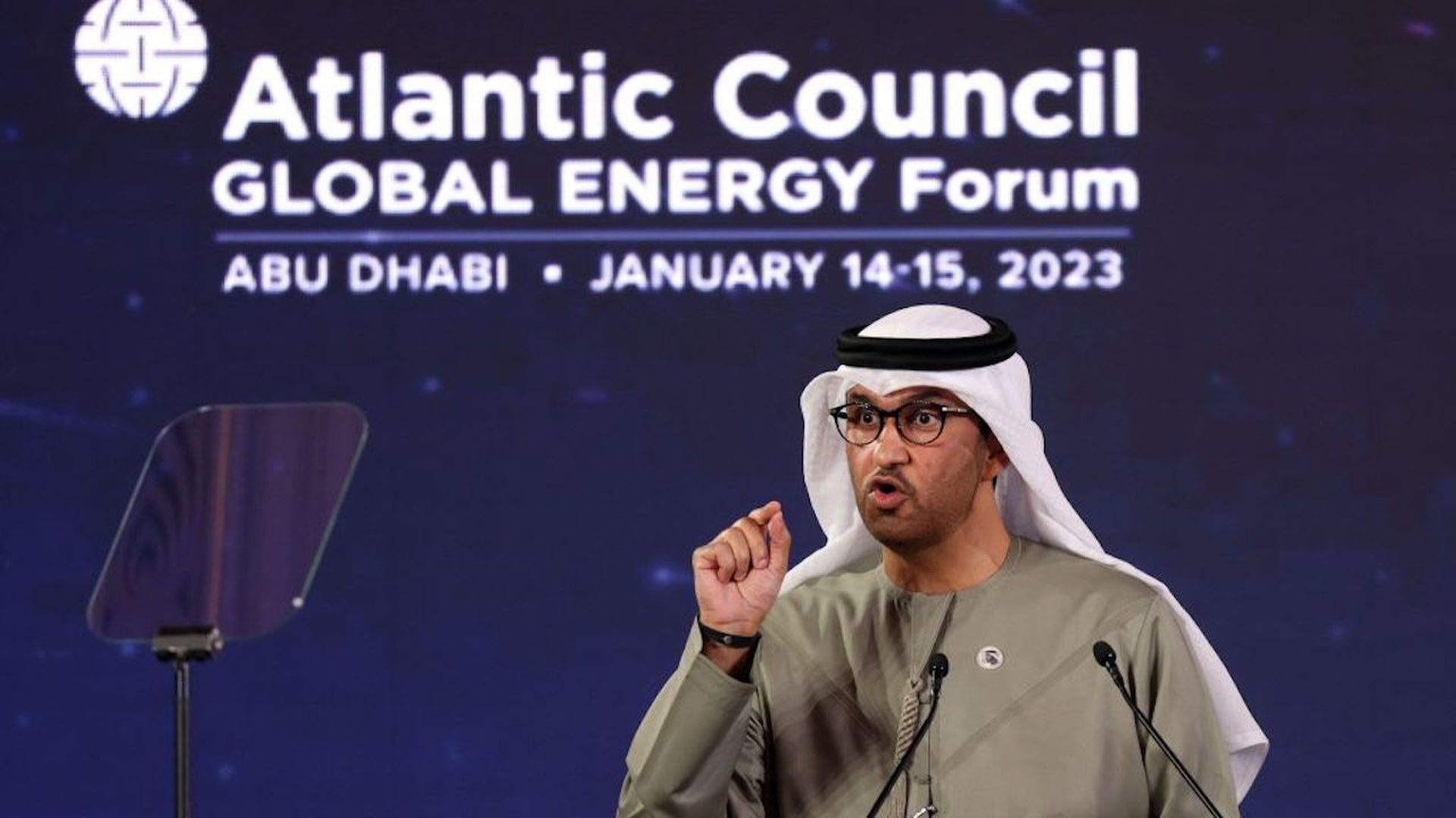 Photo of Sultan Ahmed al-Jaber addressing the public at the opening session of the Atlantic Council Global Energy Forum, in the capital Abu Dhabi, on January 14, 2023.