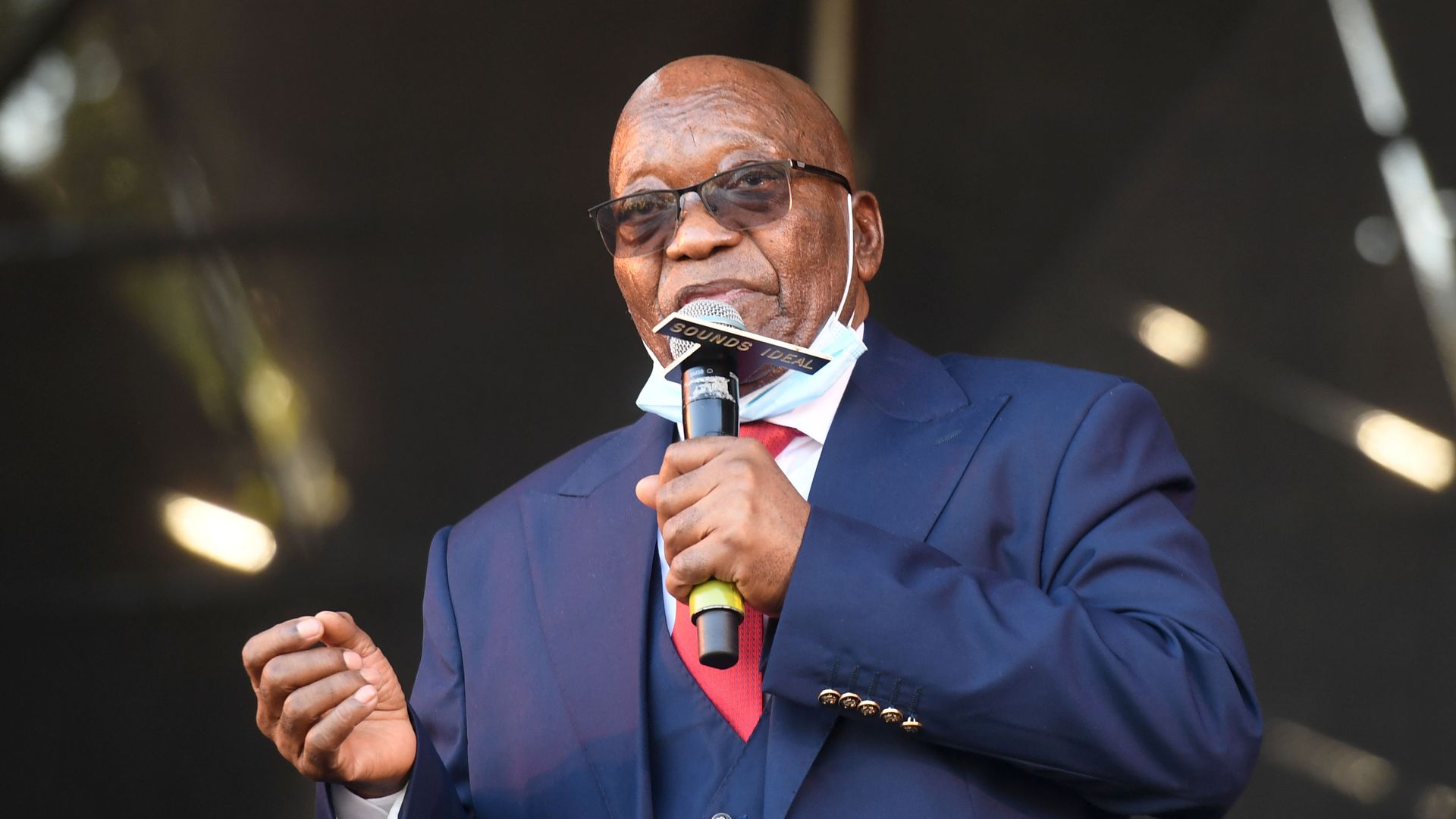 Former President Jacob Zuma addresses ANC supporters outside the Pietermaritzburg High Court on May 26, 2021 in Pietermaritzburg, South Africa.