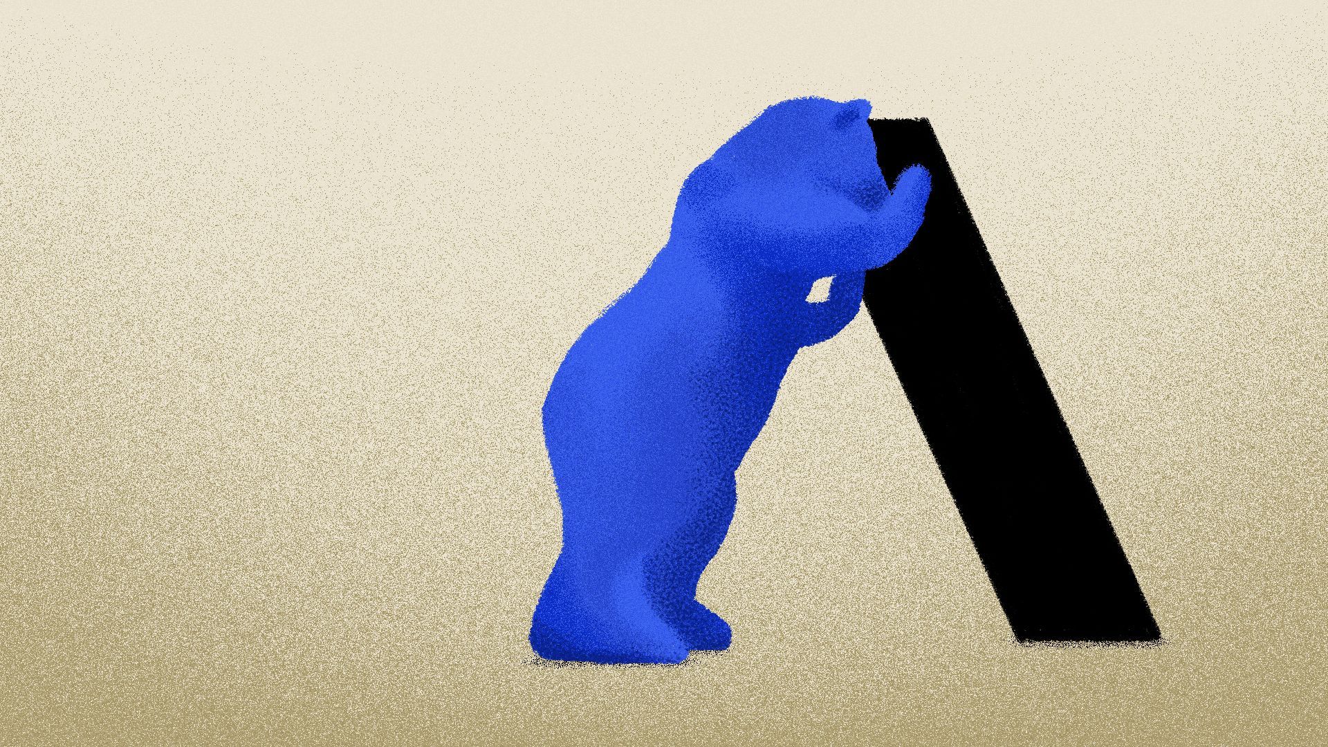 Illustration of the Denver blue bear statue leaning against a black slash to create the Axios logo.