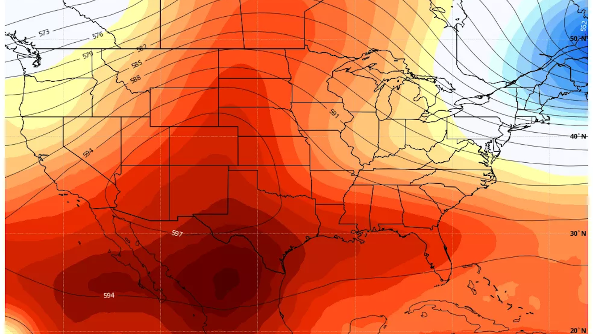 Map showing a large ridge of high pressure, also known as a heat dome, across the West and Plains on July 9. Image courtesy of Weatherbell.com