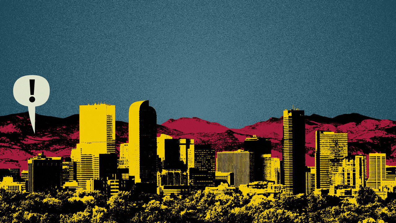 Illustration of the Denver skyline with word balloons filled with exclamation points popping up over it.