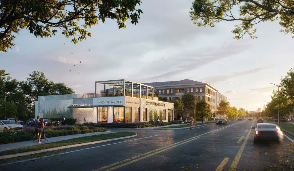 Rendering of a white building with a rooftop in front of a road with cars