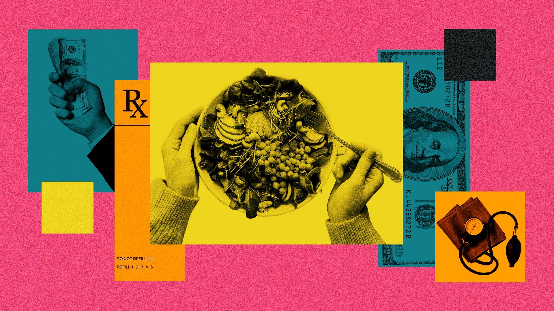 a collage of colorful rectangles featuring photos of money, nutritious foods, medical supplies and prescription pads