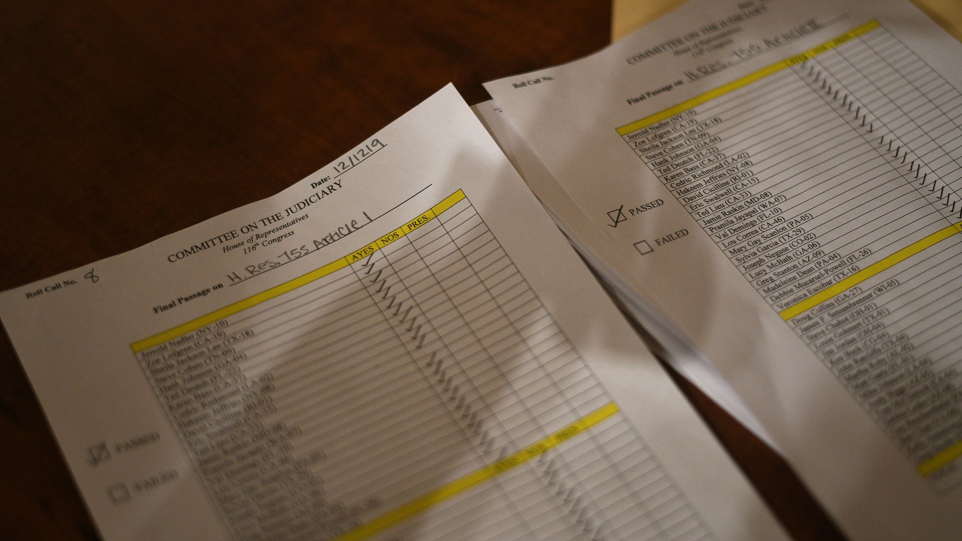The paperwork documenting the House Judiciary Committee member vote, Dec. 13