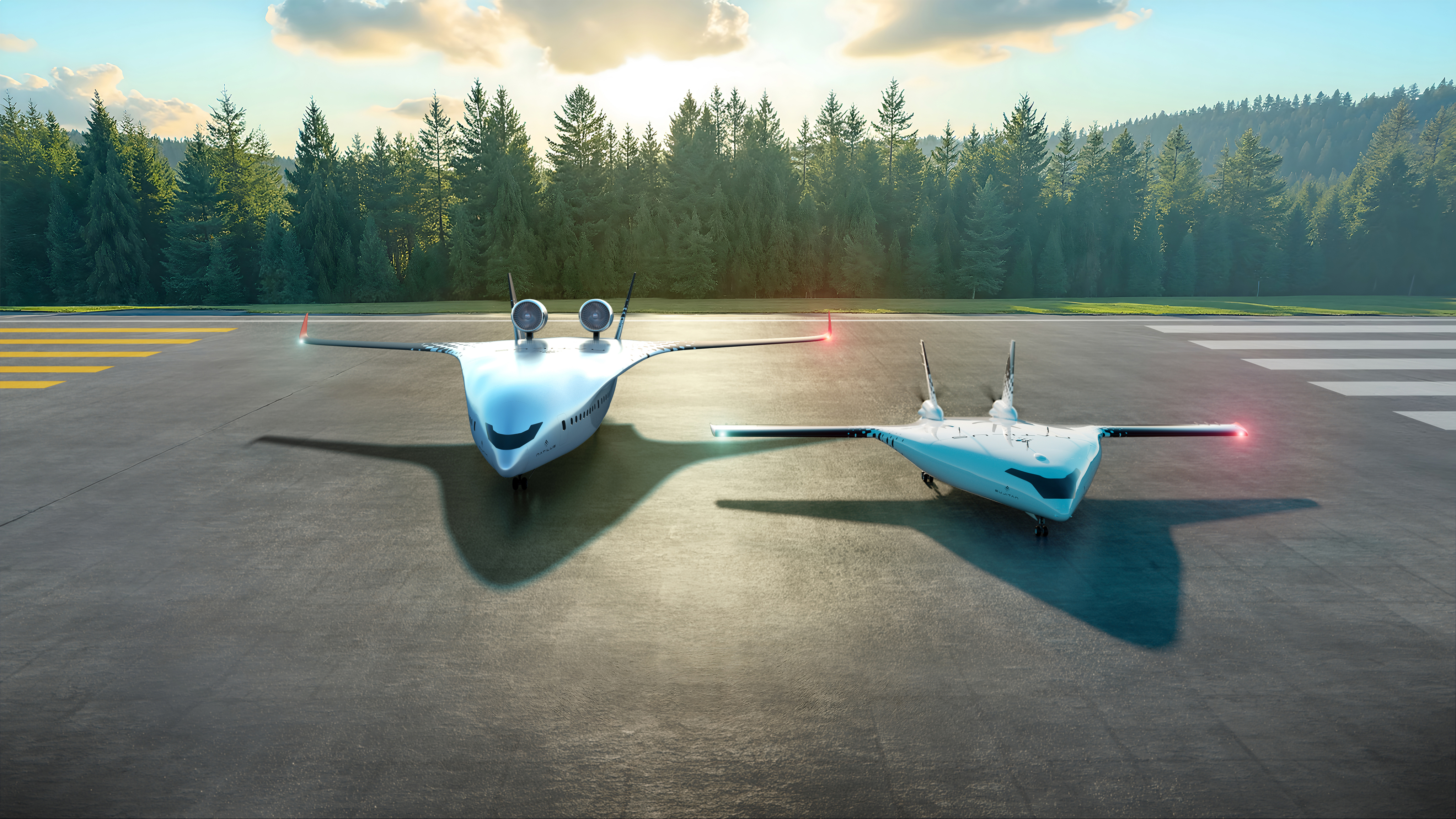 Two futuristic white jet-style aircraft on an airport tarmac, wings spread, red and blue navigation lights, long shadows. Behind them: a pine forest and hills, with crosswalk and yellow markings.