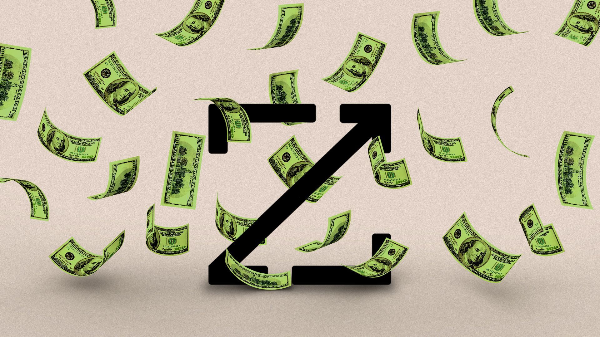 Illustration of the Zoominfo logo surrounded by falling money.  