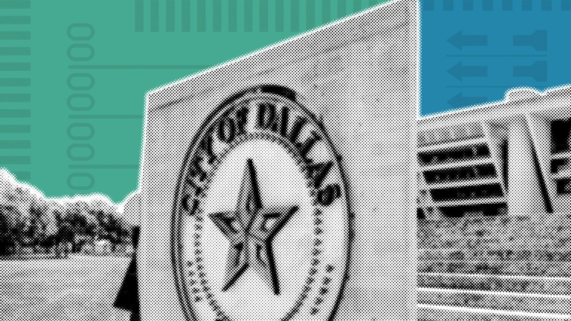 Illustration of Dallas City Hall dividing a green and blue background with elements of ballots.