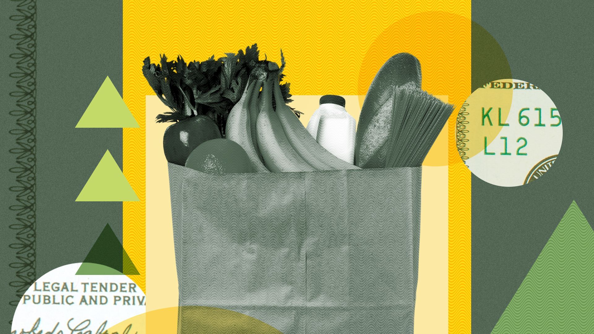 Illustration of a bag of groceries surrounded by shapes and money.