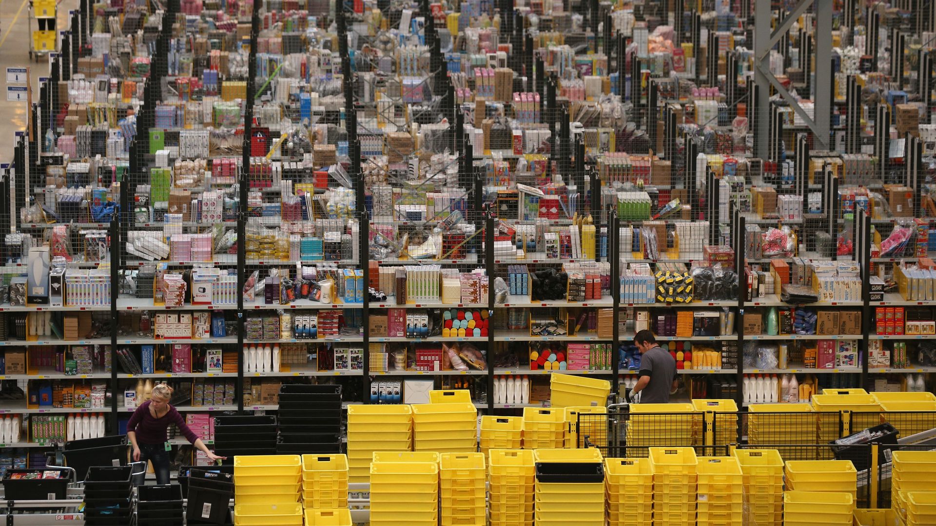 Photo of rows of supplies at an Amazon warehouse