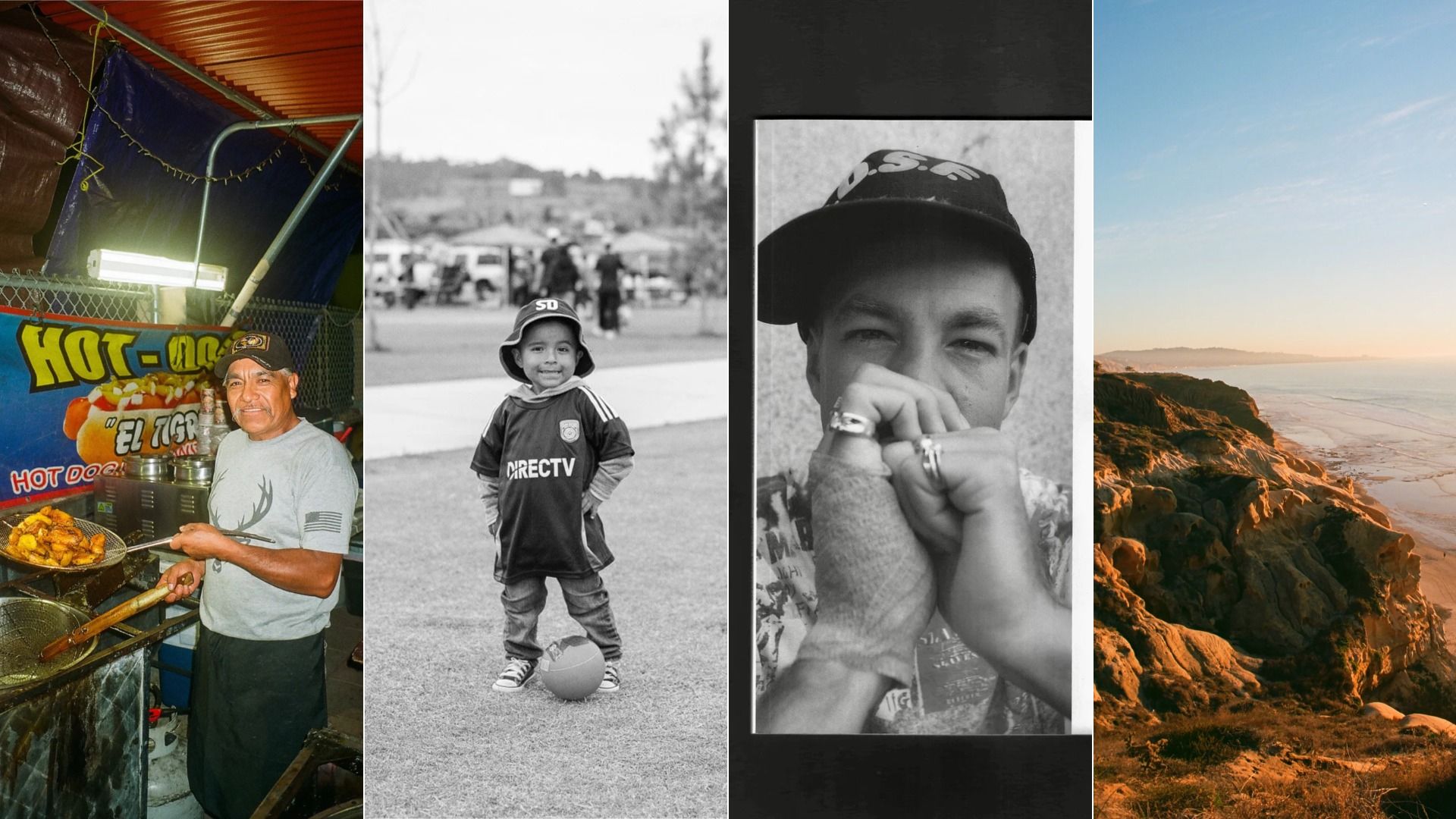 Four images: man cooking fried food at a stand with "HOT DOGS" sign; smiling child in sports gear with soccer ball; black-and-white close-up of man with rings and bandaged hand; rocky coastline with ocean and sunset.