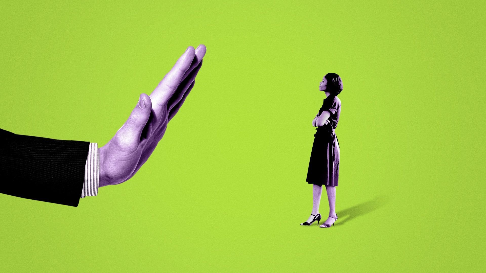 Illustration of business suit stop hand held out at woman