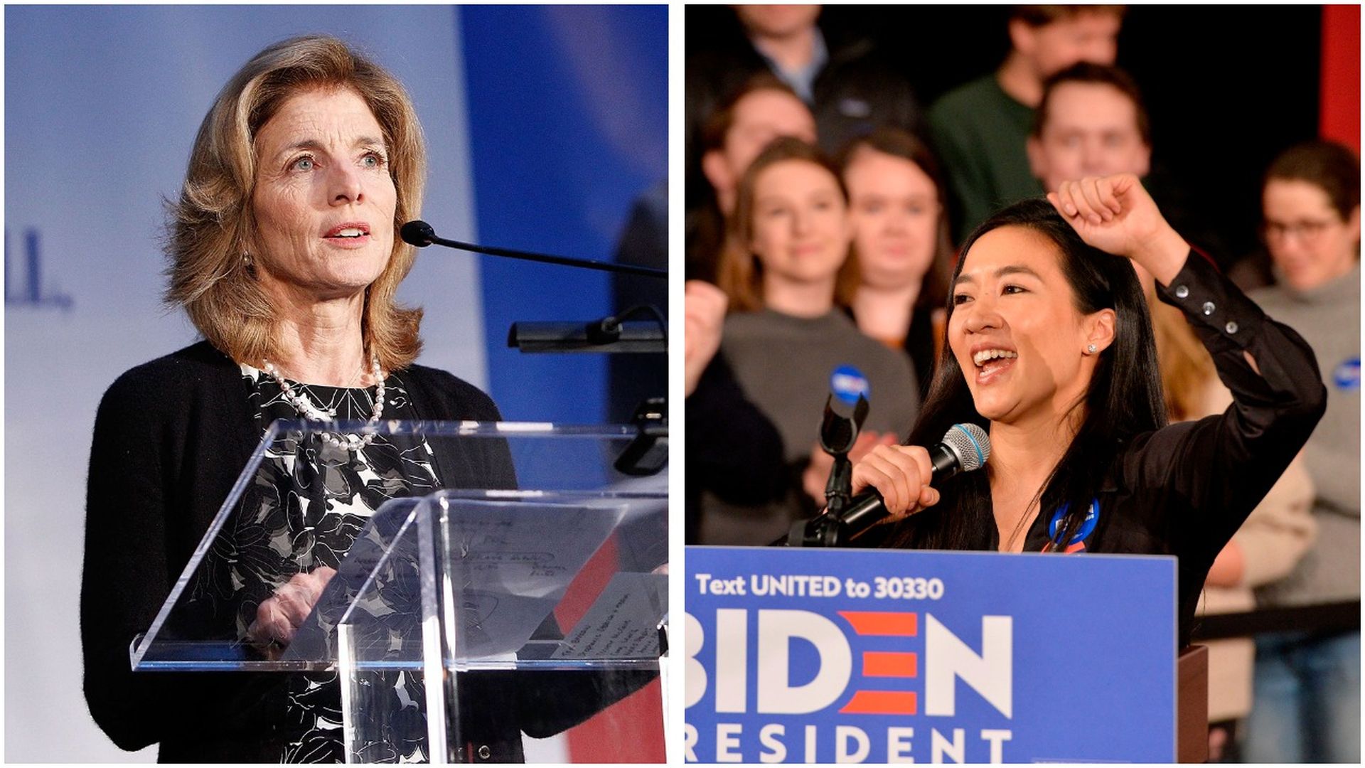 Woman speaks into microphone at podium.
