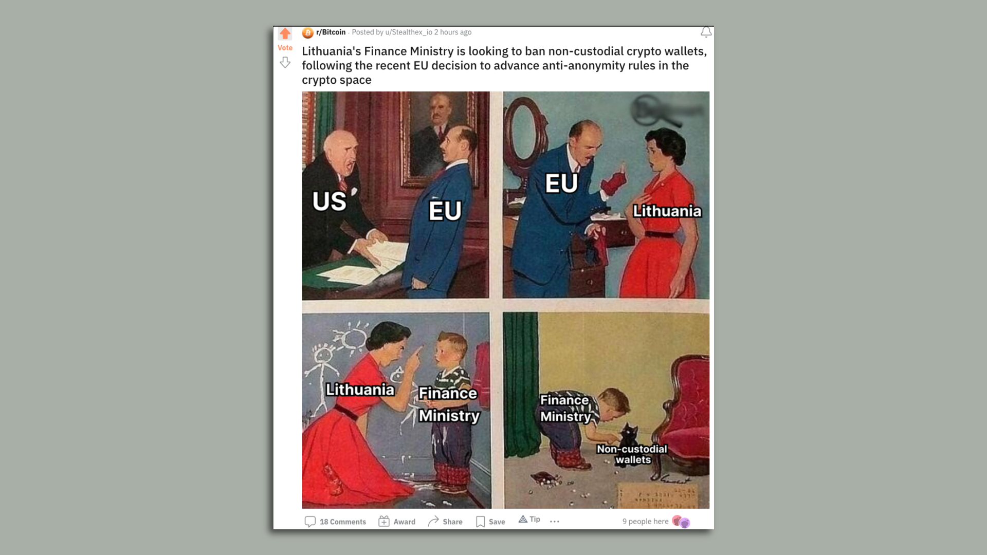 An internet meme about the US yelling at the EU, the EU yelling at Lithuania, Lithuania yelling at its finance ministry and the finance ministry yelling at bitcoin software wallet users. 