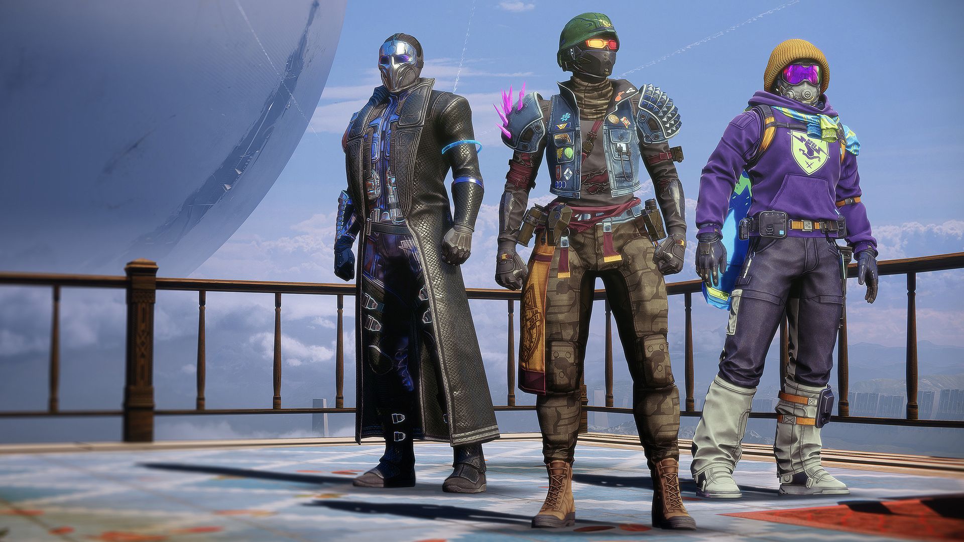Video game screenshot of three humanoid characters standing on a deck. The middle figure wears a green helmet that resembles that of Halo hero Master Chief