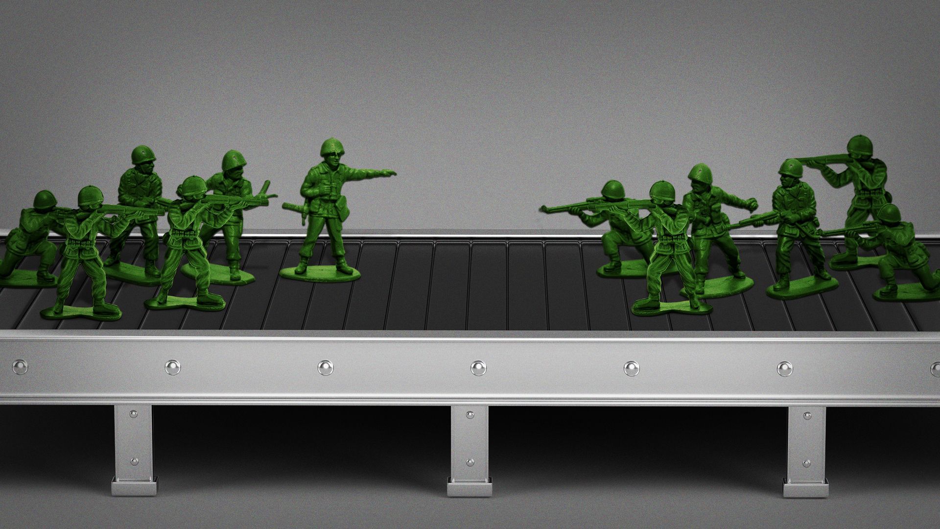 Illustration of a conveyer belt with toy soldiers fighting. 