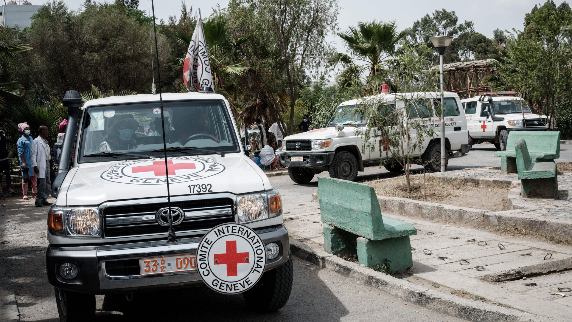 Ambulances of Red Cross arrive with patients who were injured in their town Togoga in a deadly airstrike on a market, arrive at Mekelle General Hospital in Mekele, on June 24, 2021.