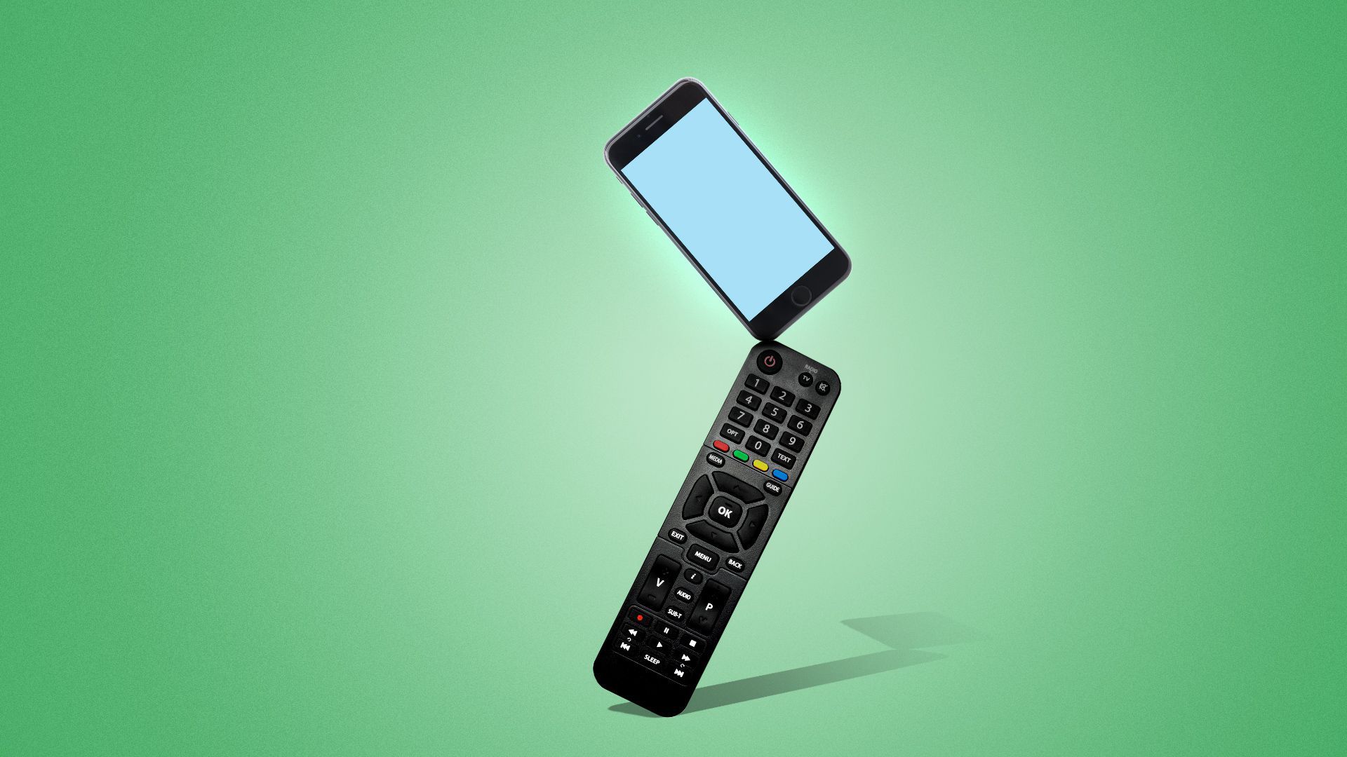 Illustration of a cell phone and a remote control balancing like a cairn. 