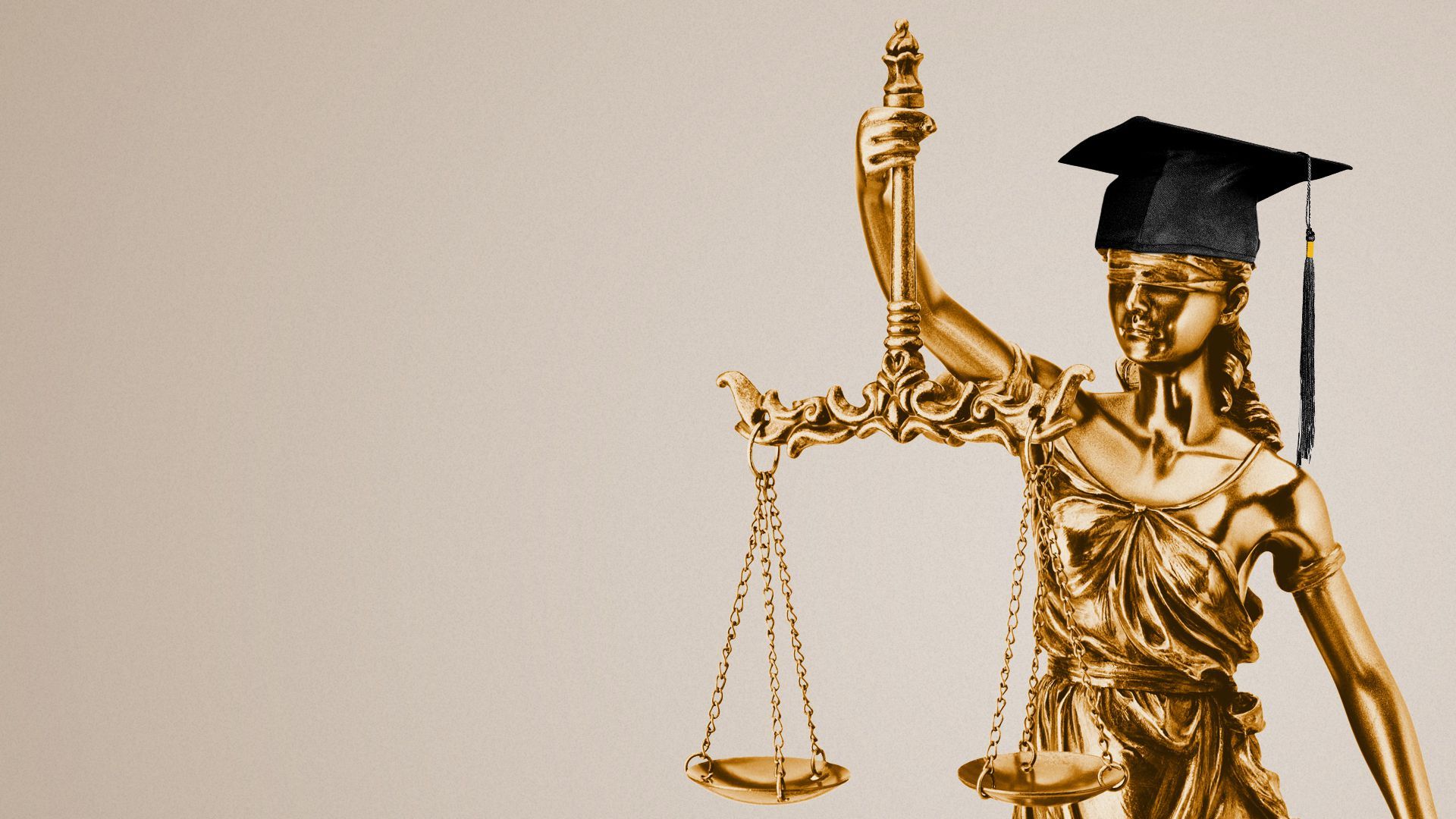 Illustration of a graduation cap on the statue of Lady Justice.