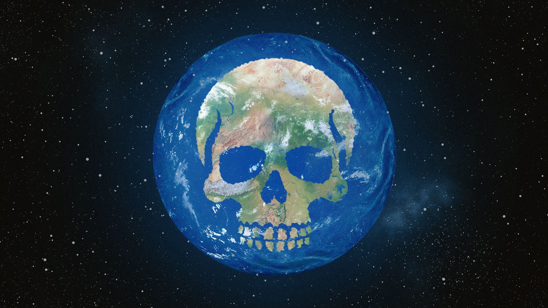 Illustration of the Earth with the only continent visible in the shape of a skull.