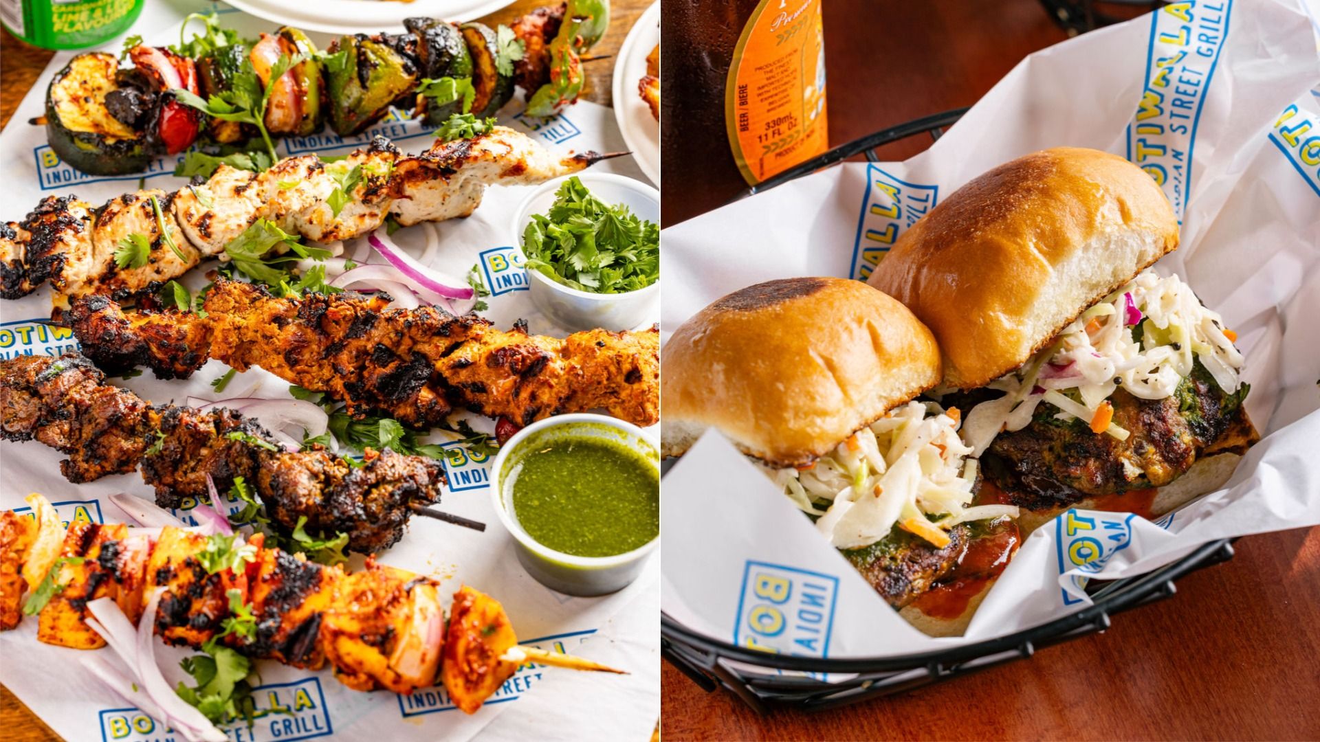 Two-panel food scene: left shows colorful grilled chicken and vegetable skewers with cilantro and green chutney; right shows a burger with slaw in a basket lined with branded wrappers.