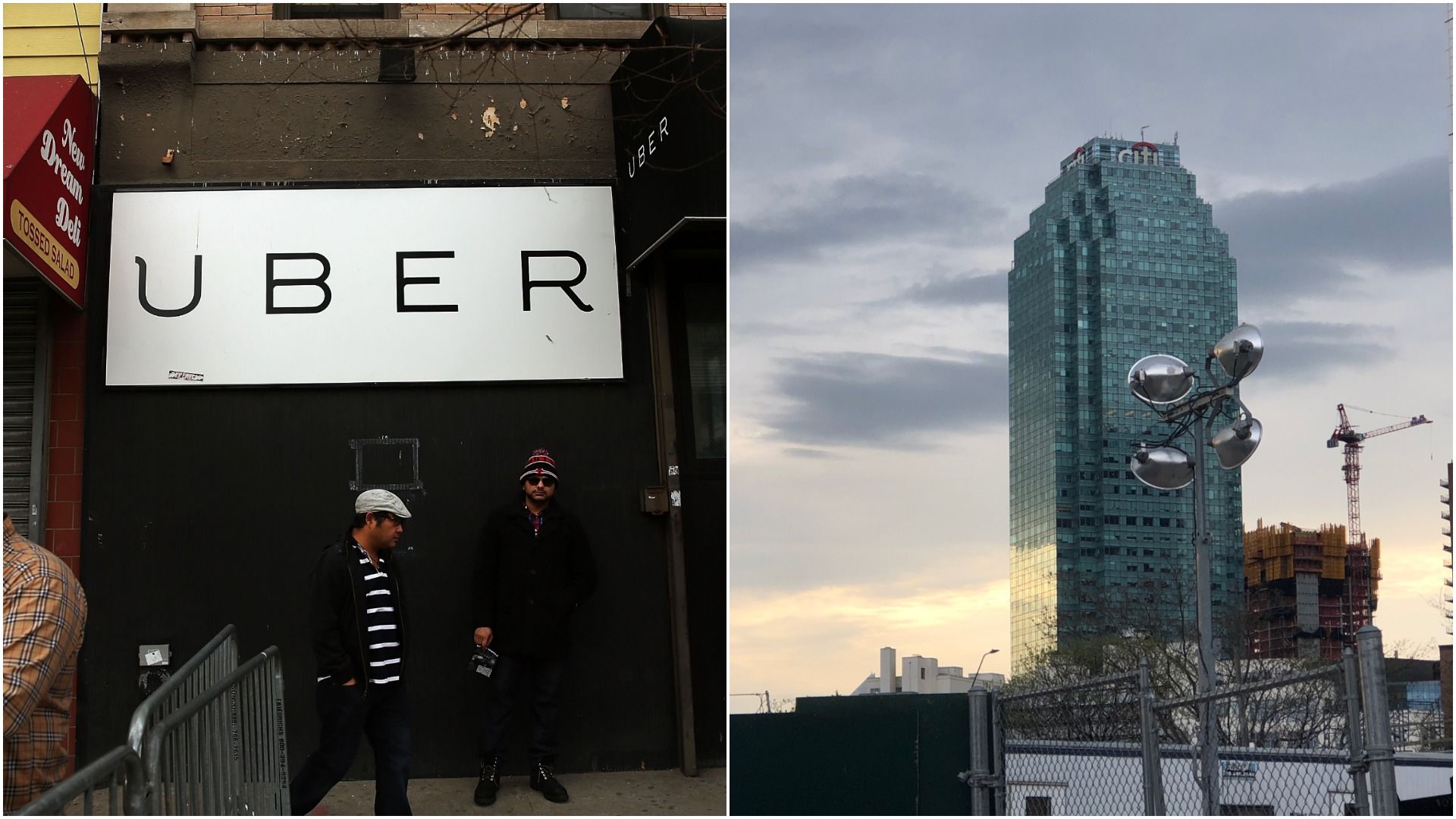 A split photo showing a skyscraper and an Uber sign