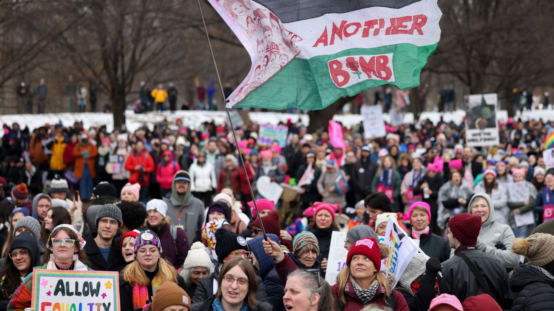 Demonstrators near the Lincoln Memorial during The People's March ahead of the 60th presidential inauguration in Washington, DC, US, on Saturday, Jan. 18, 2025. 
