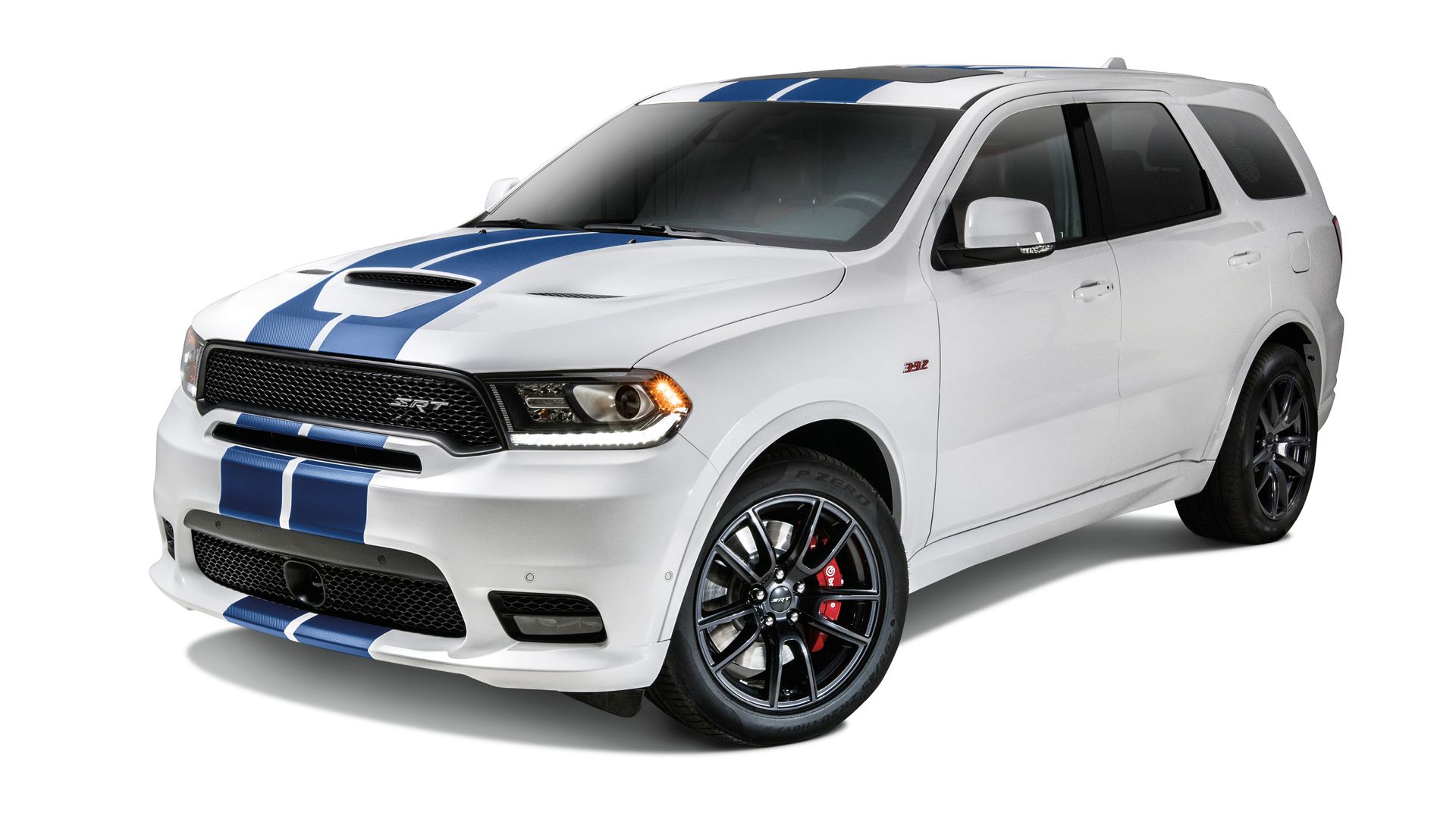 Image of white Dodge Durango SRT with blue racing stripes