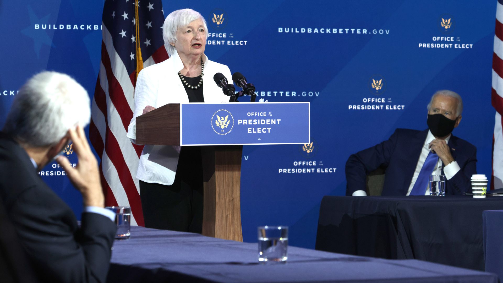 Janet Yellen speaks during an event to name President-elect Joe Biden’s economic team at the Queen Theater