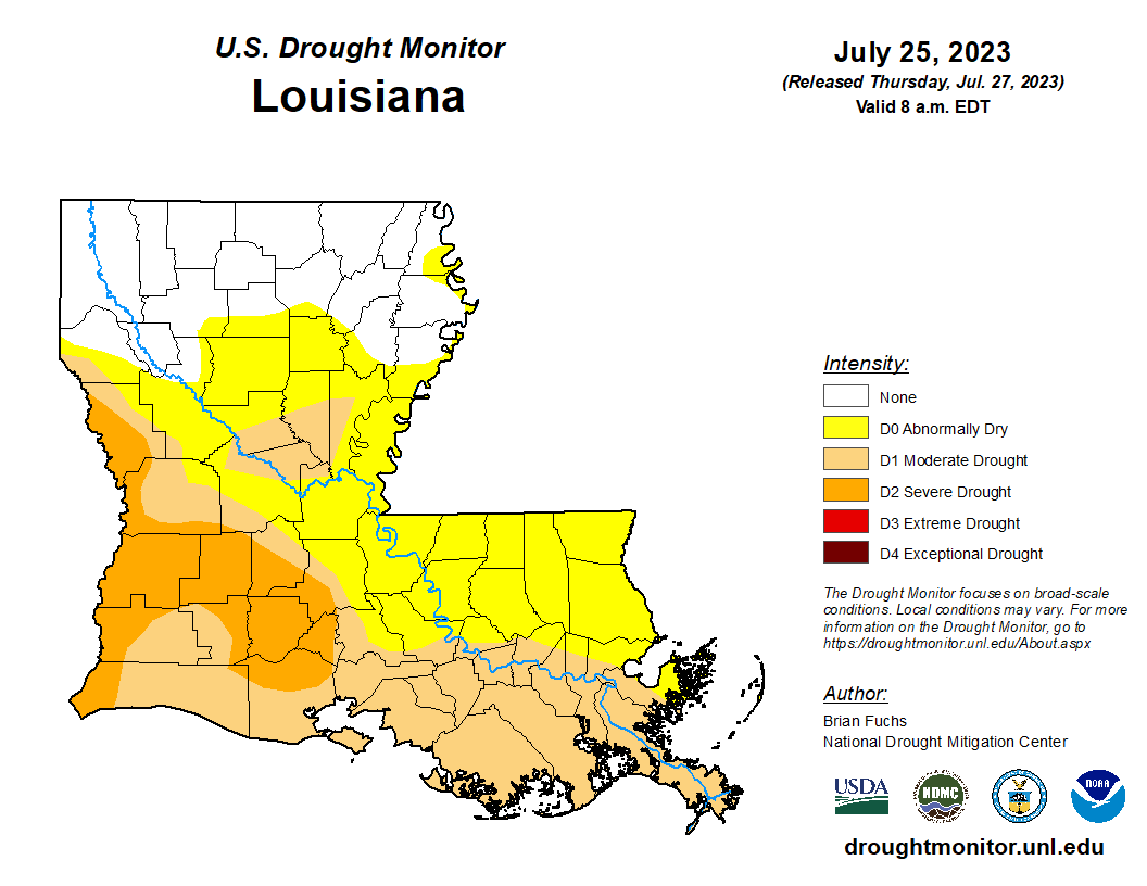 Image shows a graphic of Louisiana with drought conditions marked in various colors
