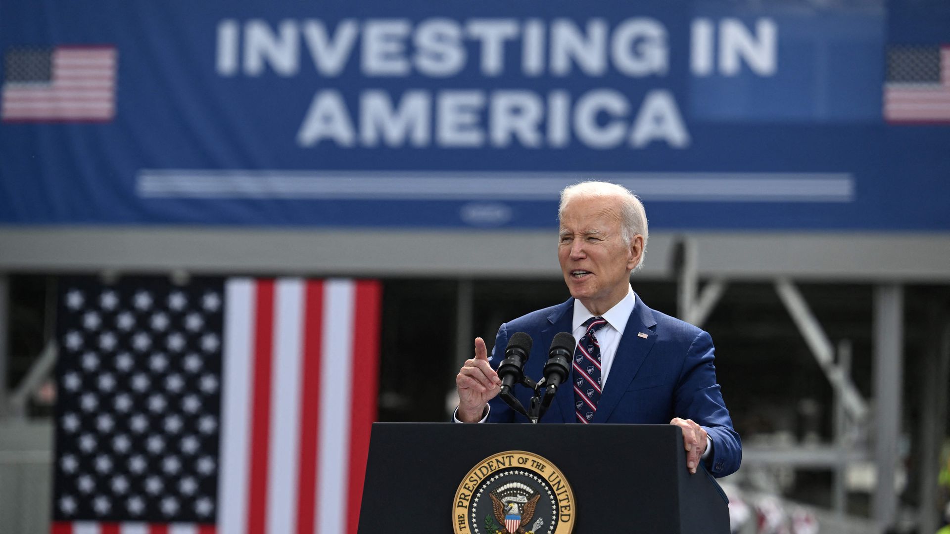 US President Joe Biden delivers remarks at Wolfspeed, a semiconductor manufacturer, in Durham, North Carolina, on March 28, 2023. (Photo by Jim WATSON / AFP) (Photo by JIM WATSON/AFP via Getty Images)
