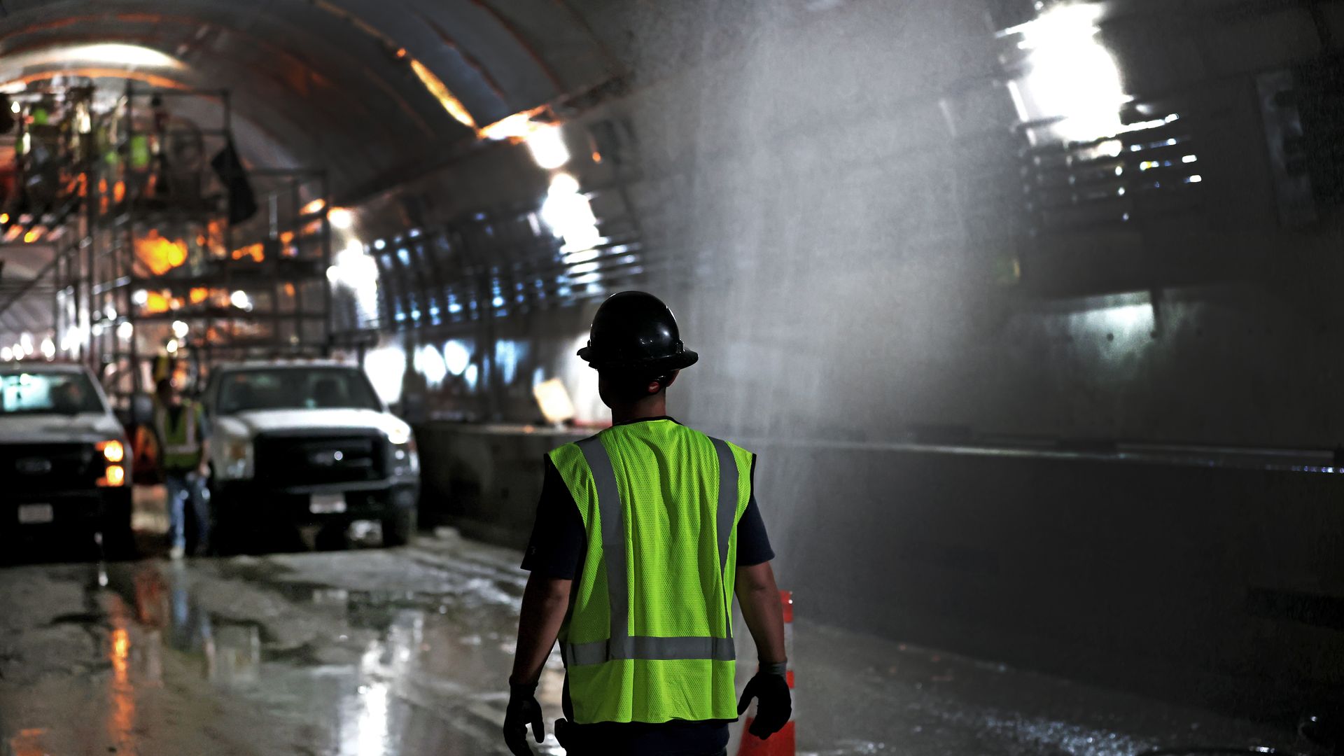 A construction worker in the Sumner Tunnel while it's closed this summer for repairs. 