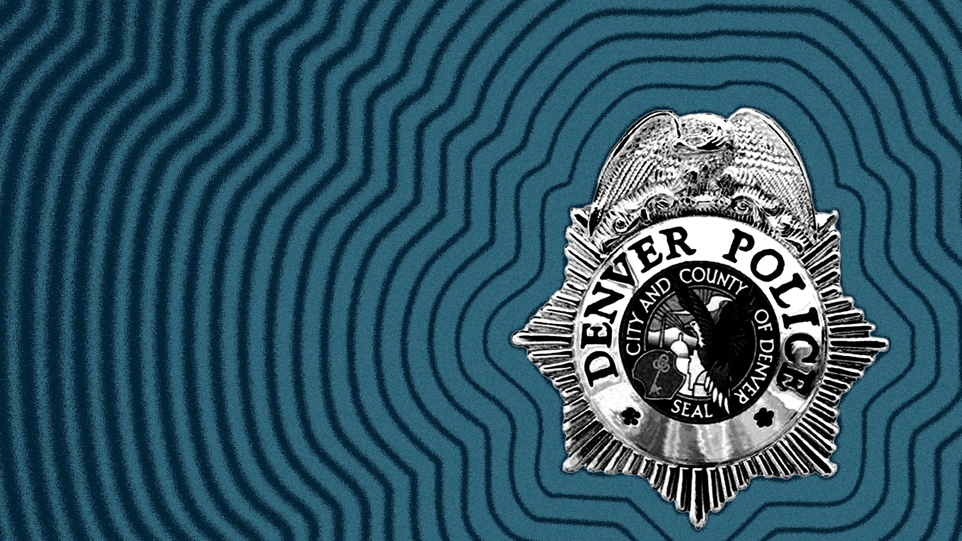 Photo illustration of a Denver police badge with radiating lines coming from it.