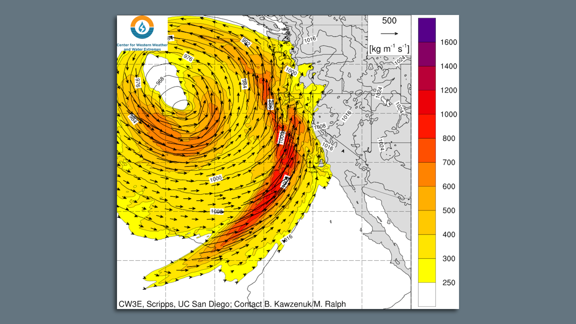 Computer model simulation of a powerful atmospheric river storm expected to hit California.