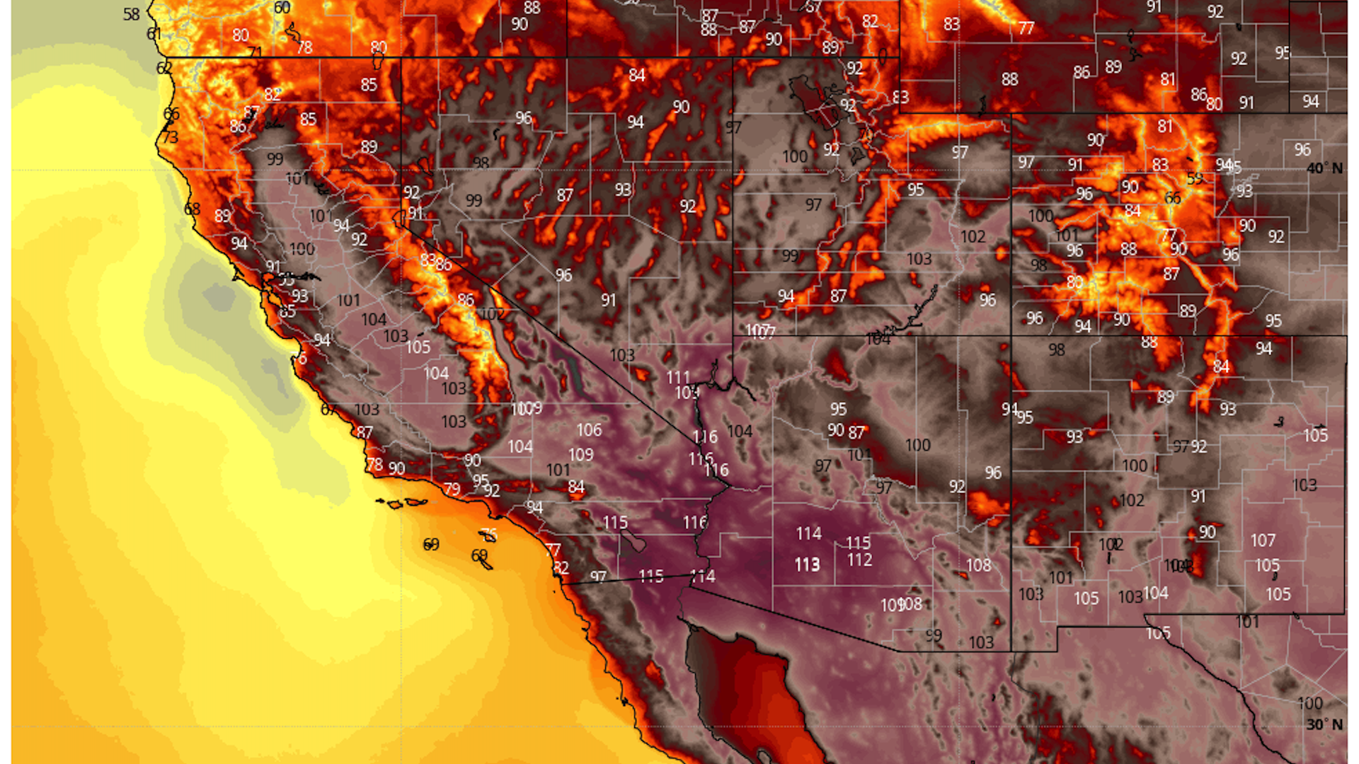 Map showing computer model projection of high temperatures in the Southwest U.S.