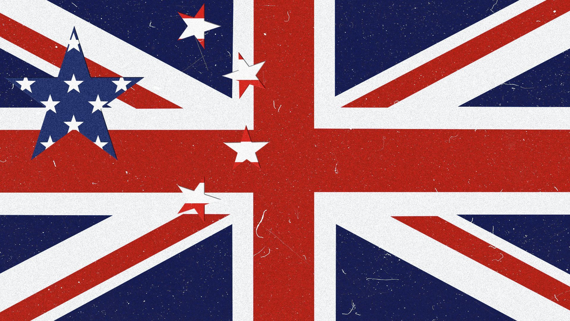 Illustration of the UK flag with the stars of the Chinese flag cut out, revealing a United States of America flag pattern underneath. 
