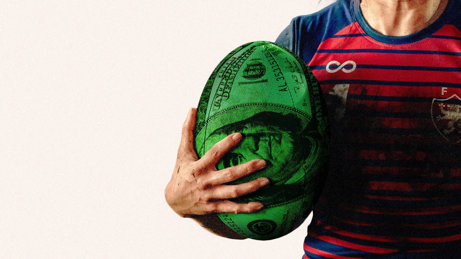 Photo illustration of a woman rugby player holding a rugby ball with a money overlay.