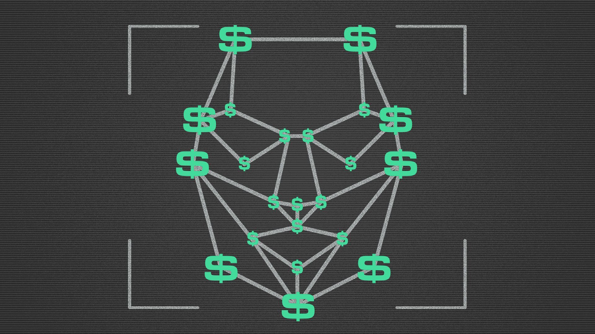 Illustration of a facial recognition grid with dollar signs at the points.