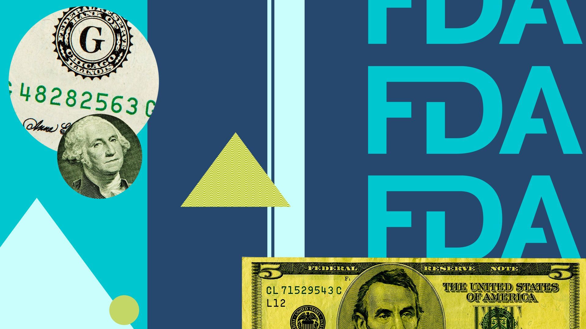 Illustration of the FDA logo surrounded by abstract shapes and money. 