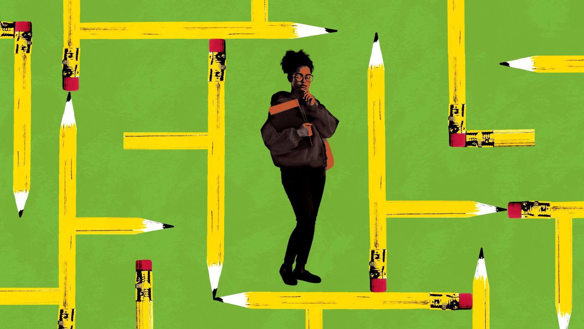 Illustration of a student at the center of a maze made from pencils.
