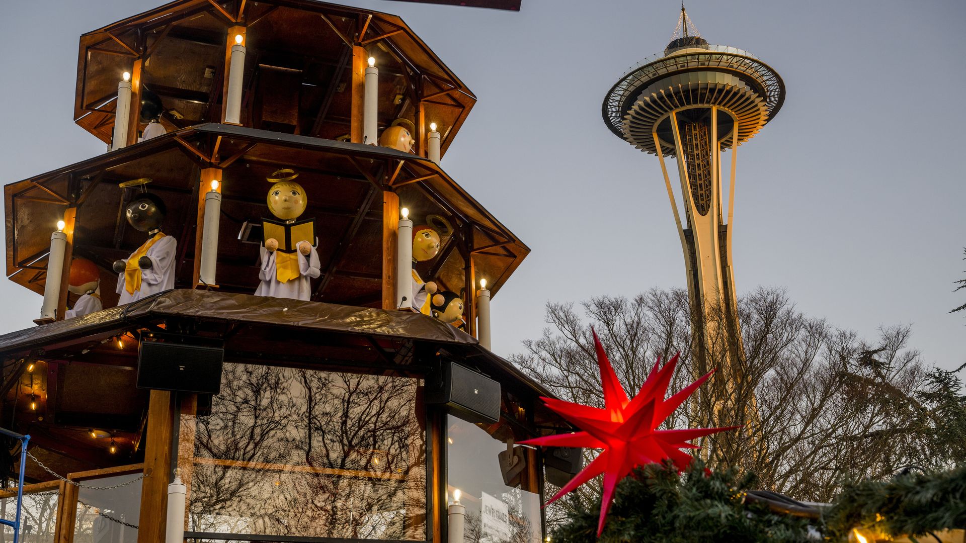 A Christmas shopping village is set up near the Space Needle.