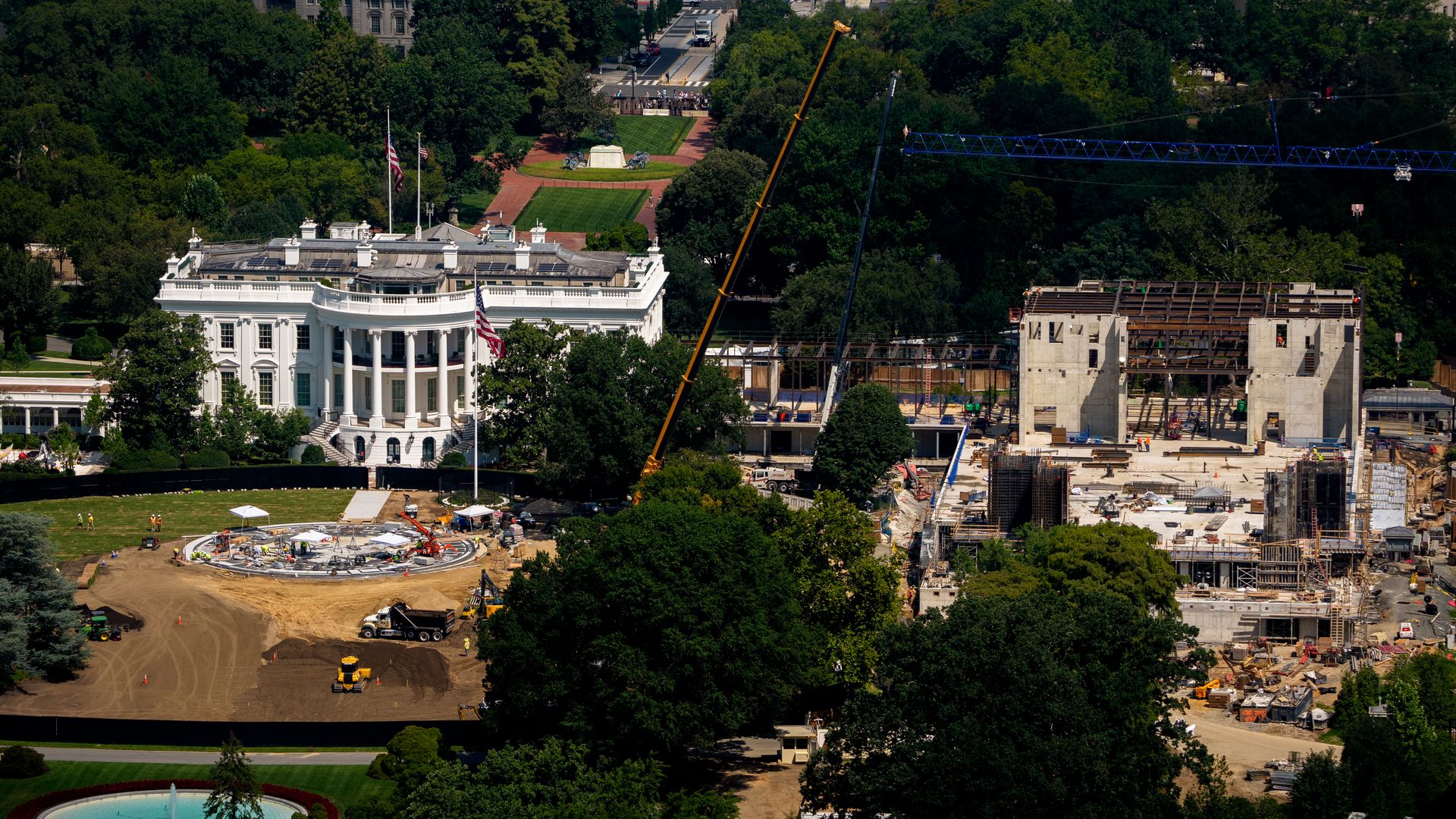 Construction continues on a new helipad on the South Lawn of the White House and the East Wing ballroom on August 24, 2026.