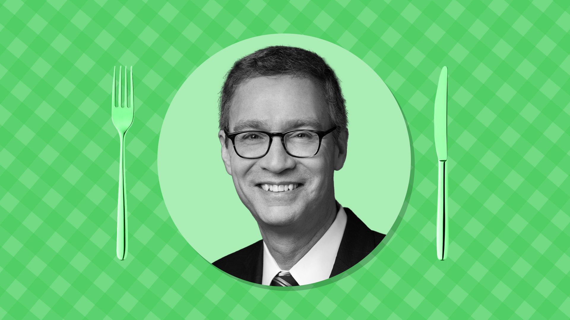 Photo illustration of Jonathan Barzilay on a picnic table patterned background.