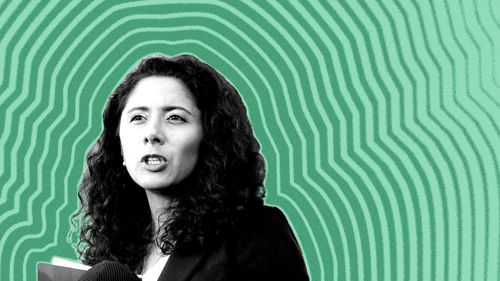 Photo illustration of Judge Lina Hidalgo with lines radiating from her.