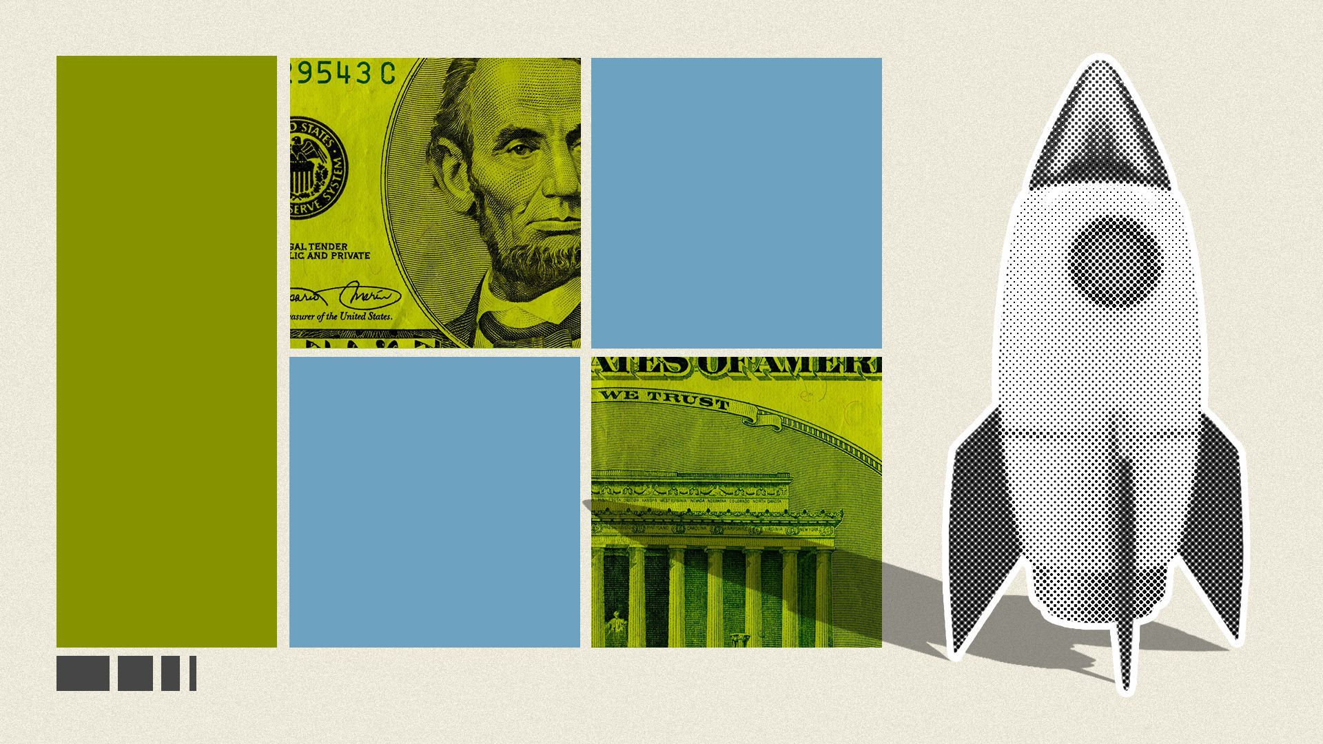 Illustrated collage of a rocket, money, and squares.