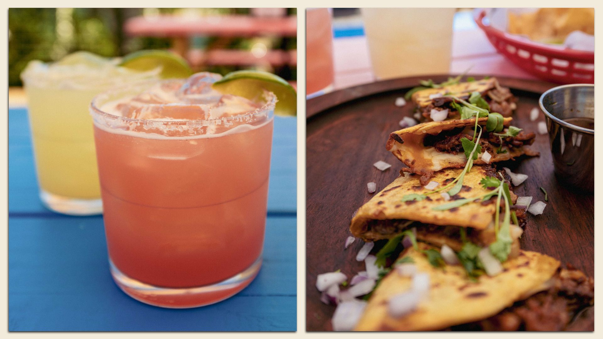 A composite image showing two margaritas on the left and a plate of small birria tacos on a wooden slab on the right from El Barco.